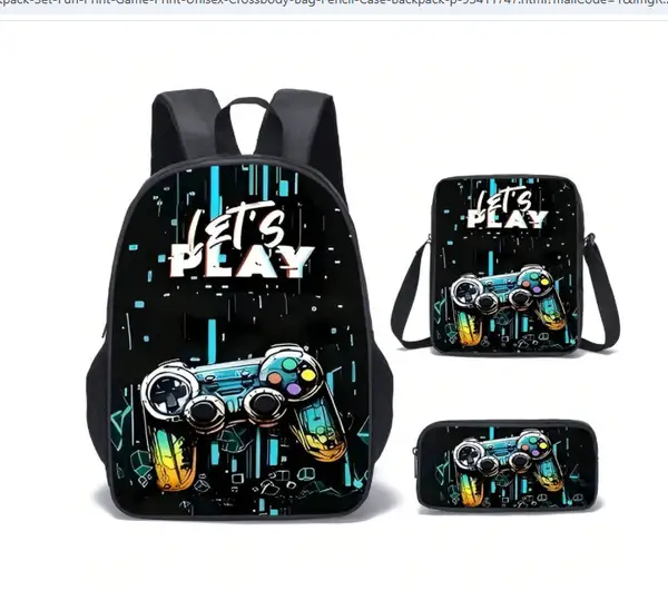 3-Piece Backpack Set, Fun Print/Game Print, Unisex, Crossbody Bag, Pencil Case, Backpack