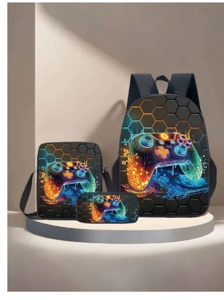 3-Piece Backpack Set, Fun Print/Game Print, Unisex, Crossbody Bag, Pencil Case, Backpack