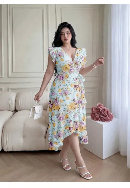 Ruffle Trim Flutter Sleeve Ditsy Floral Waist-Cinching A-Line Woven Dress
