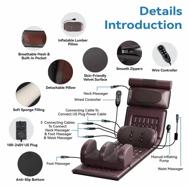 Multi-Functional Full Body Massage Mattress Mat with Heat – Electric Shiatsu Neck, Lumbar, and Foot Massager Cushion – Inflatable Waist Support & Wire Remote Control, 36W