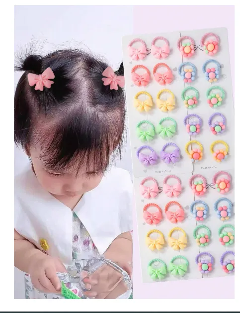 20pcs/Set OPP Bag Candy Color Floral Bowknot Elastic Hair Ties
