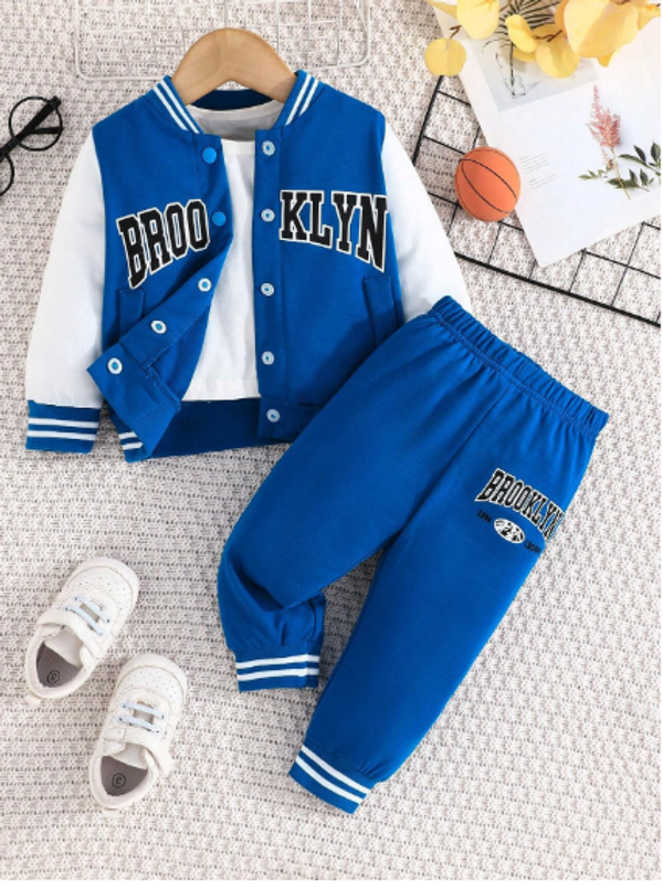 Spring And Autumn Baby Boys' Loose Baseball Jacket And Letter Printed Pants