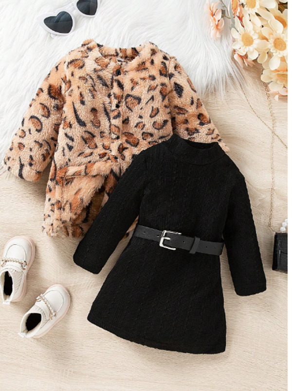  Baby Girl Black & White Leopard Print Fashionable Personalized Thickened Fuzzy Midi Length Jacquard Knit High Collar Long Sleeve Dress