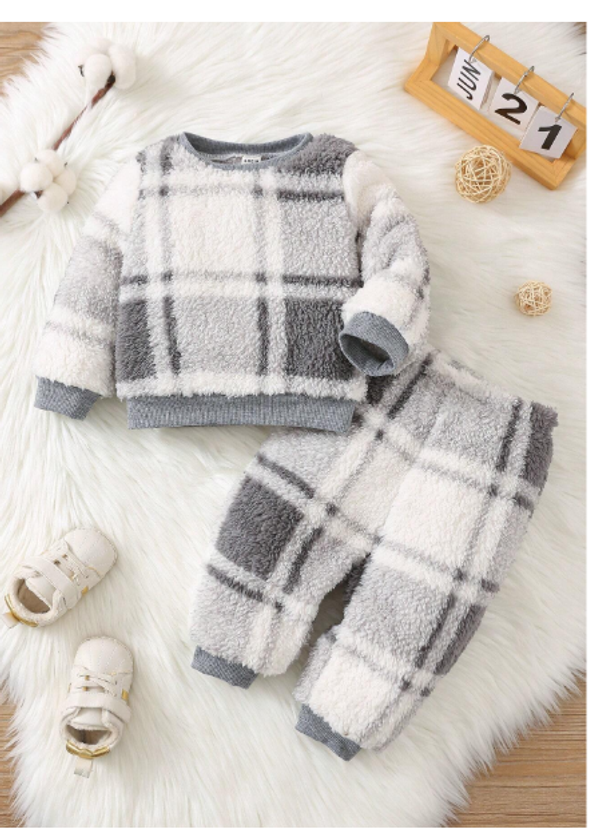 2pcs Baby Boy Plaid Flannel Collar Long Sleeve Sleepwear Set