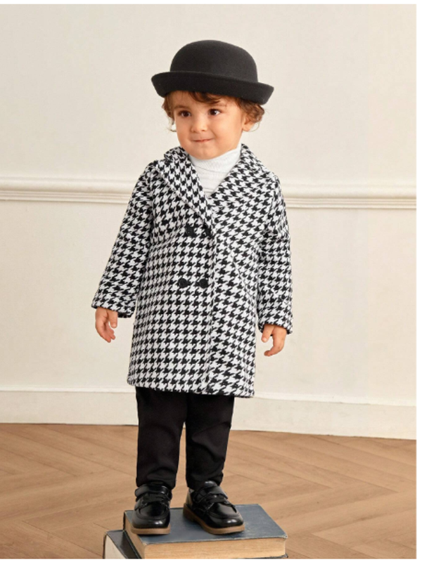 Baby Boy Unisex Classic Fashionable High-End Houndstooth Long Lapel Warm Thick Coat