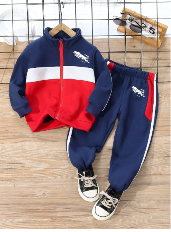 2pcs Young Boy Casual Sporty Street Chic Cute Stylish Leopard Tricolor Print Zip-Up Hoodie + Long Pant