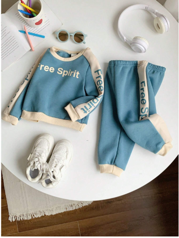 2pcs/Set Infant Baby Boy/Girl Green Letter Print Contrast Color Soft Knit Crew Neck Long Sleeve Sweatshirt & Jogger Pants