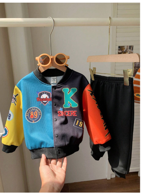 2pcs Set Baby Boys/Girls Casual Sports Style Dropped Shoulder Loose Baseball Collar Jacket & Knitted Jogger Pants Outfit