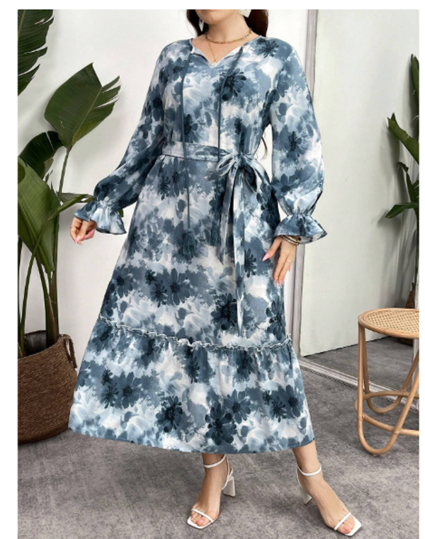 Plus Size Summer Tie-Dye Floral Printed Long Sleeve Bohemian Dress