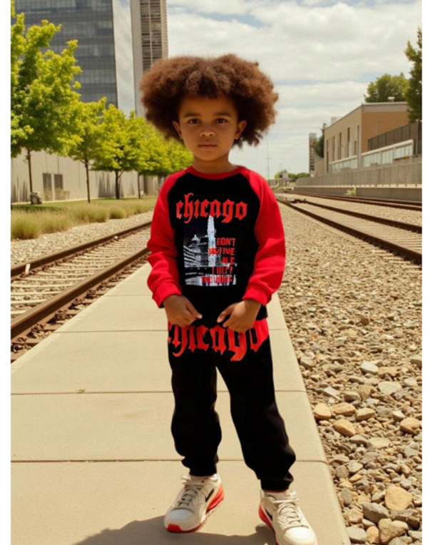2pcs Set Boys Casual Letter Print Colorblock Long Sleeve Crew Neck T-Shirt And Fleece Pants
