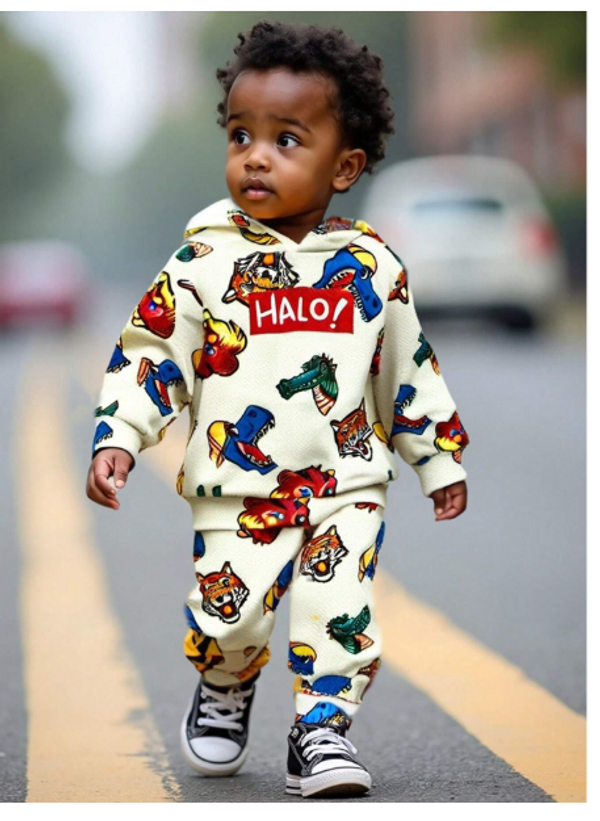 2pcs Baby Boy Cute And Comfortable Cartoon Animal Head Prints Hoodie And Knitted Pants Set