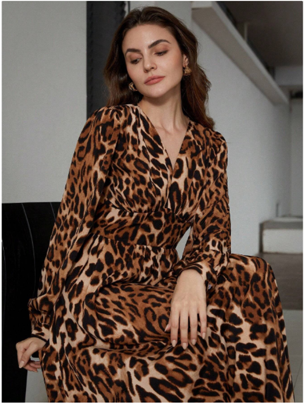 Women Leopard Print V-Neck Patchwork Waist Cinched Lantern Sleeve Dress