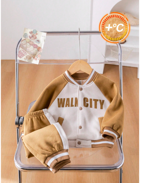 Baby Boys 2pcs Set Contrast Letter Print Soft Knit Round Neck Raglan Sleeve Jacket Baseball Coat And Elastic Cuff Pants
