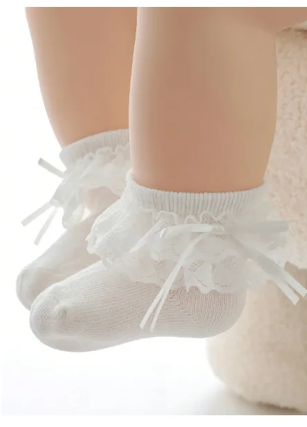 1pair Soft & Comfortable White Lace Princess Style Socks For Baby Girls