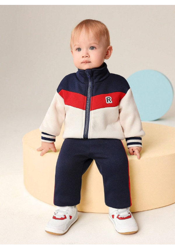 2pcs Baby Boys Blue-Red-White Colorblock Zipper Jacket And Pants