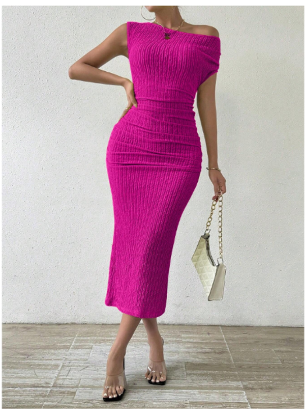 Women's Solid Color Asymmetric-Neckline Pleated Summer Dress Maxi Women Outfit