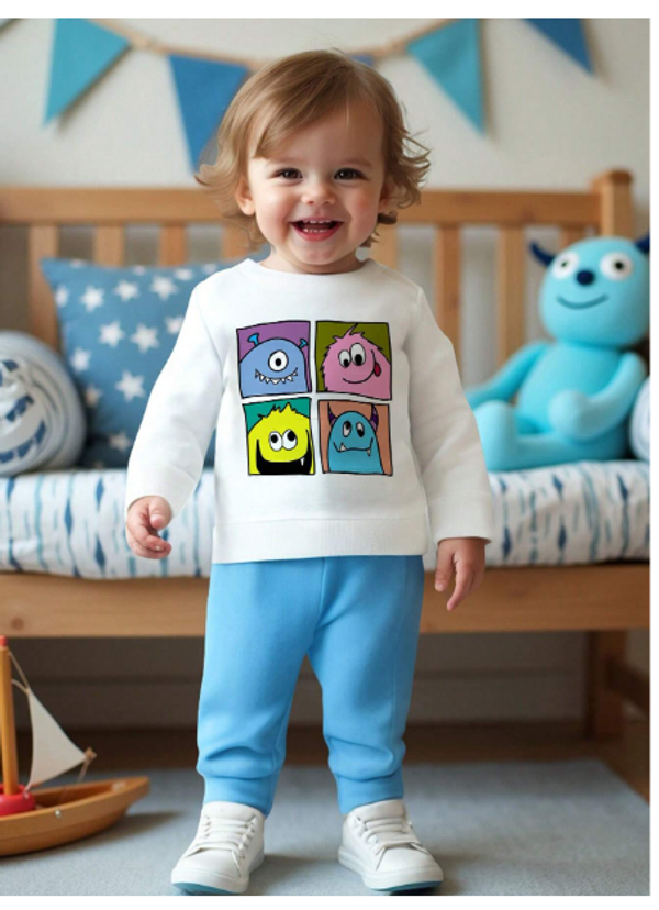  Newborn Baby Casual Cute Funny Colorful Cartoon Monster Graphic Round Neck Long Sleeve Top And Pants