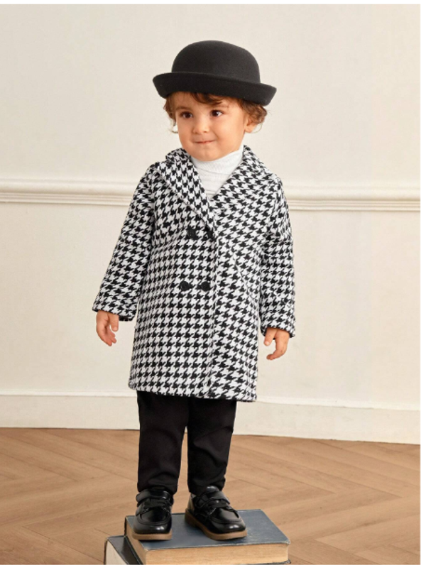 Baby Boy Unisex Classic Fashionable High-End Houndstooth Long Lapel Warm Thick Coat