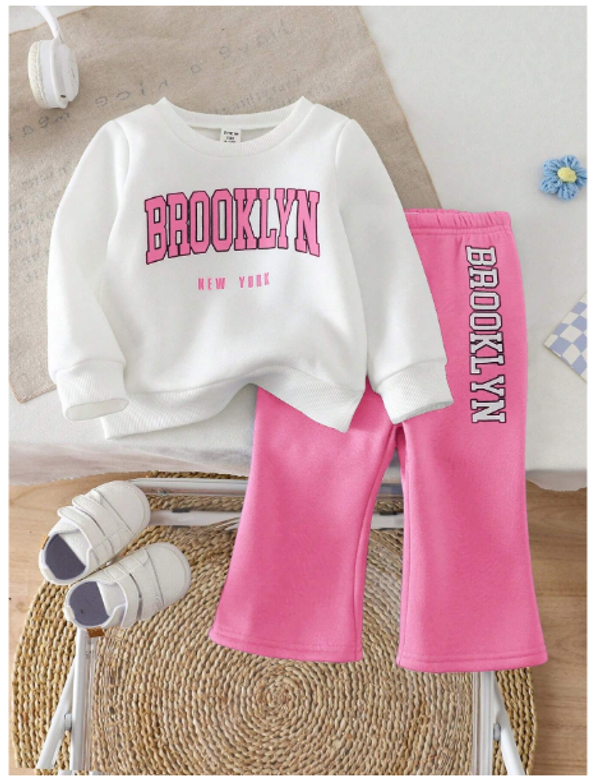 2pcs Baby Girl Letter Print Fleece Sweatshirt & Flare Pants