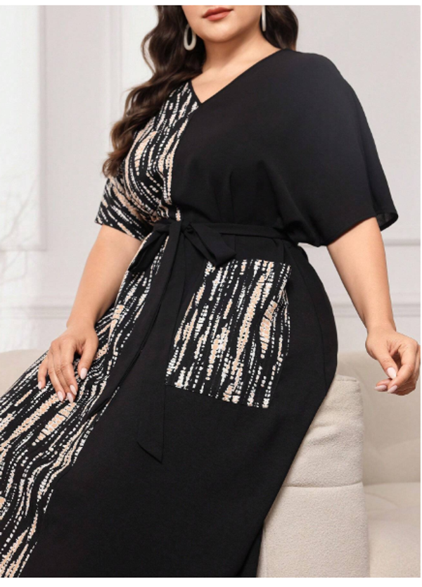 Plus Graphic Print Belted Short Sleeve Dress