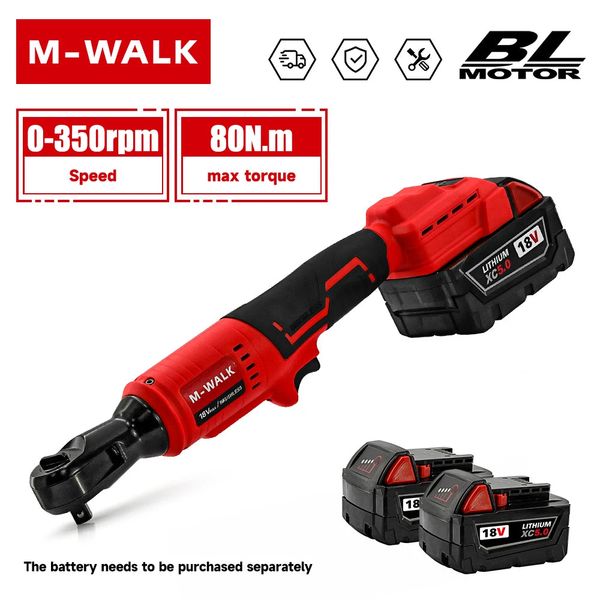 M-WALK 18V Cordless Brushless Ratchet Wrench – Right Angle, 80Nm, 1/2" & 3/8" Drive