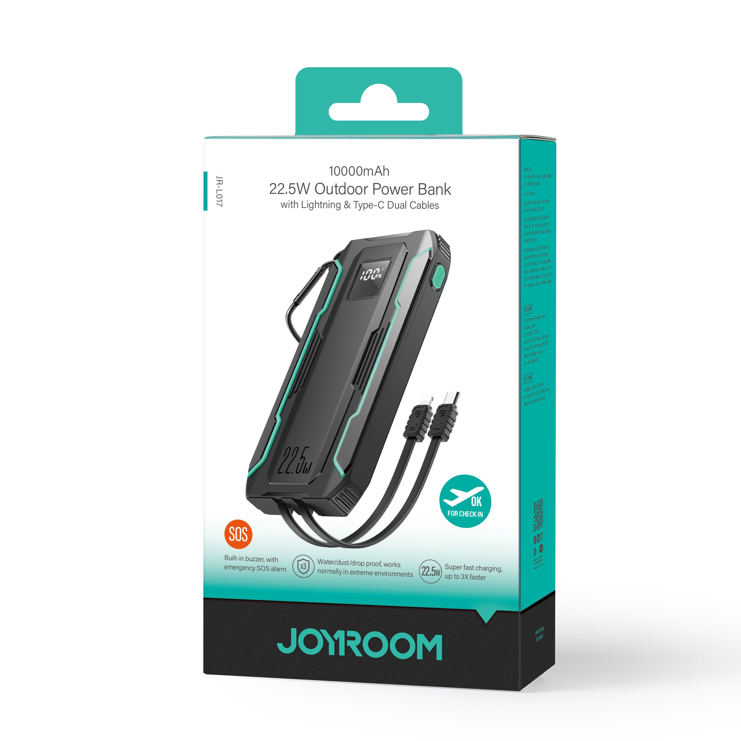 Joyroom Power Bank with Dual Cables 10000mAh 22.5W Black with USB.A to Type.C 0.25m Cable JR-L017