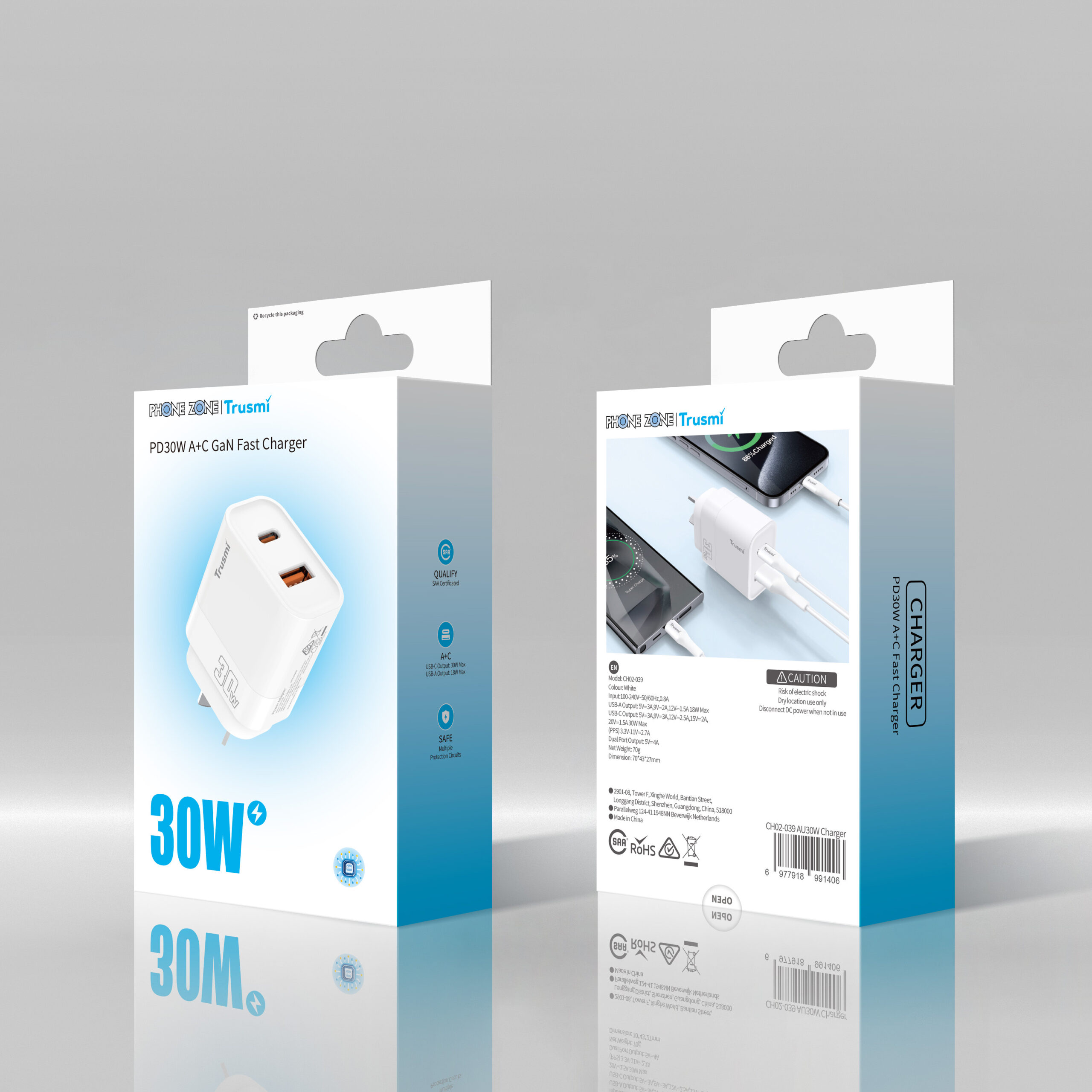 Phone Zone PD 30W Wall Charging Adapter A+C GaN AU/NZ