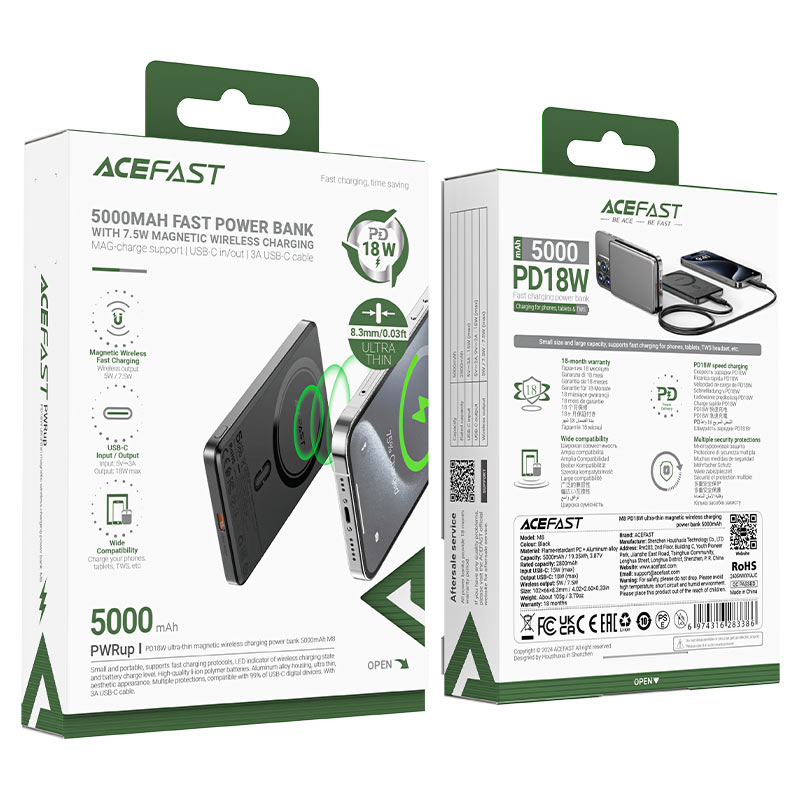 Acefast M8-5000 PD 18W 5000MAH Magnetic Wireless Charging Power Bank Ultra Thin