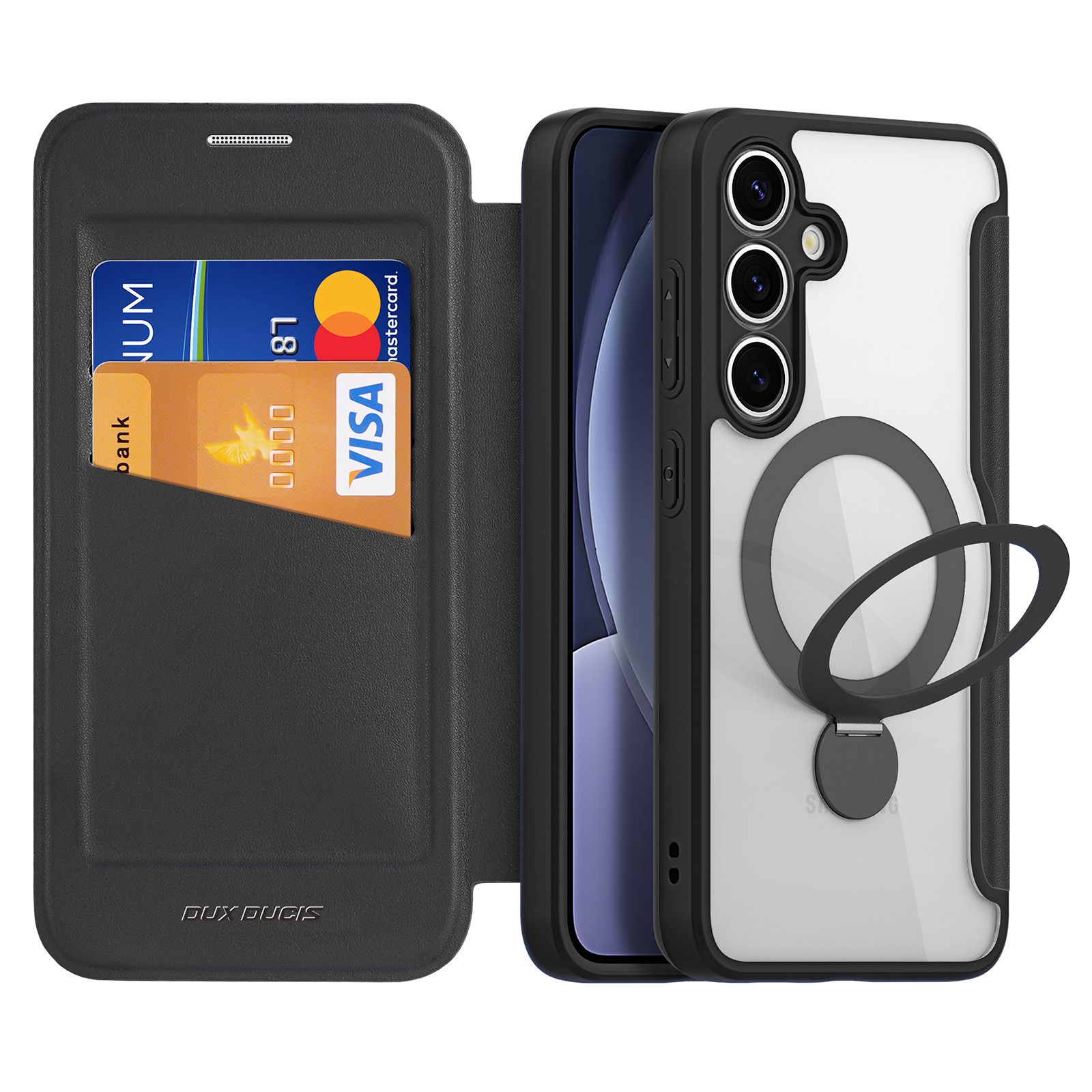 Samsung S25 Plus Black Dux Skin X Pro Folio Magnetic Case with 360?? Ring Stand