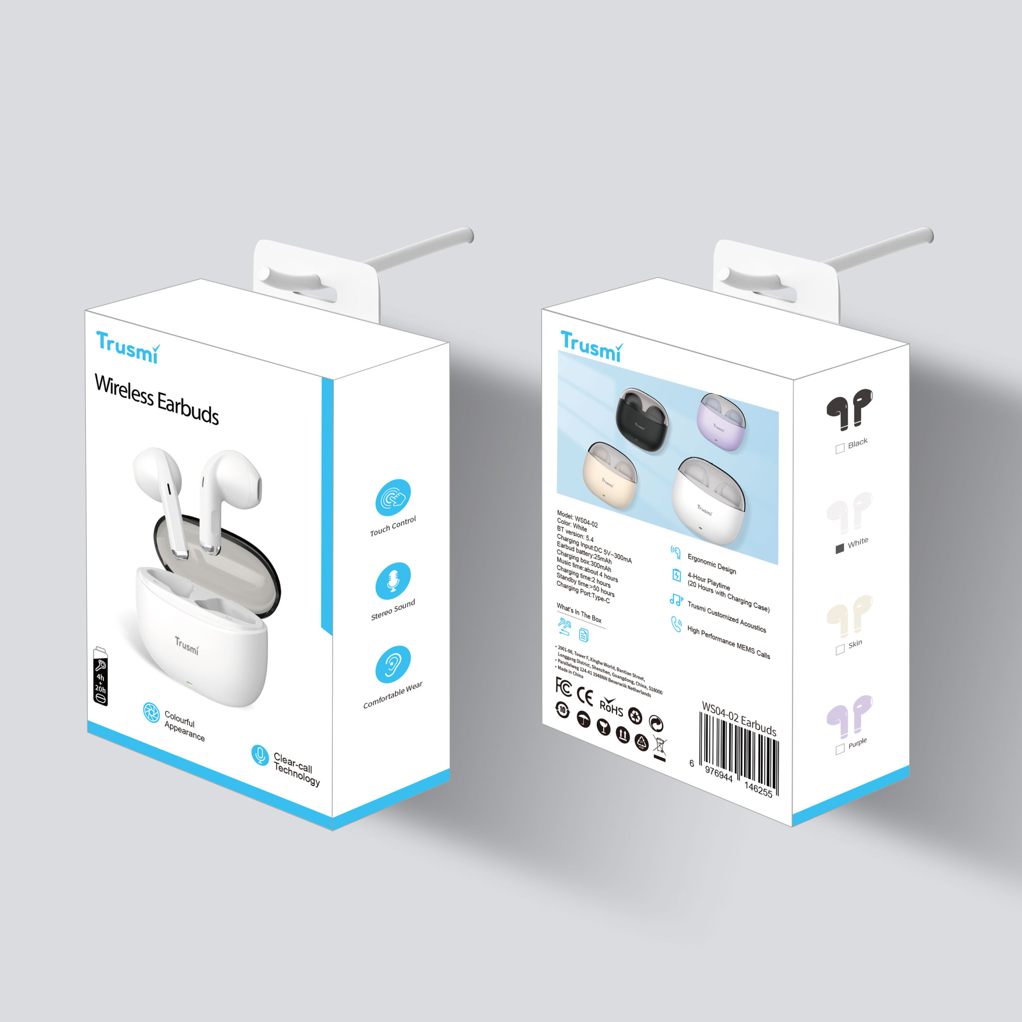 TRUSMI WS04-02 White Semi-In-Ear Wireless Earphone Colorful