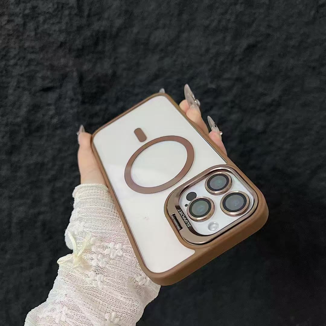 iPhone 14 Pro Brown Magsafe Support Case with Camera Lens Protector & Stand