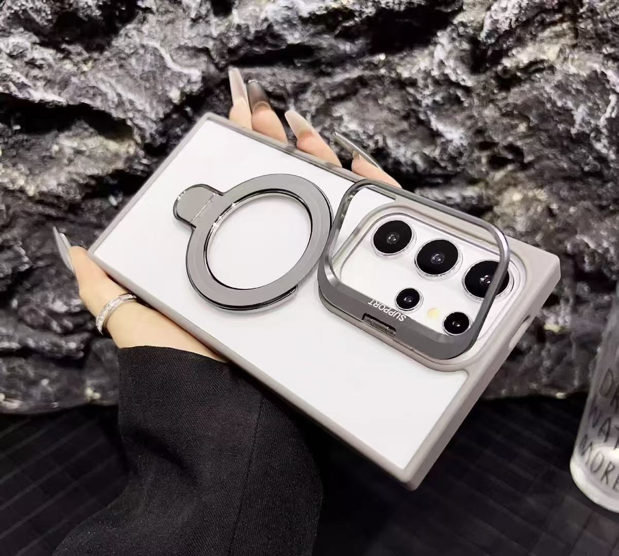 Samsung S24FE Gray Magsafe Support Case with Camera Lens Protector & Dual Stand