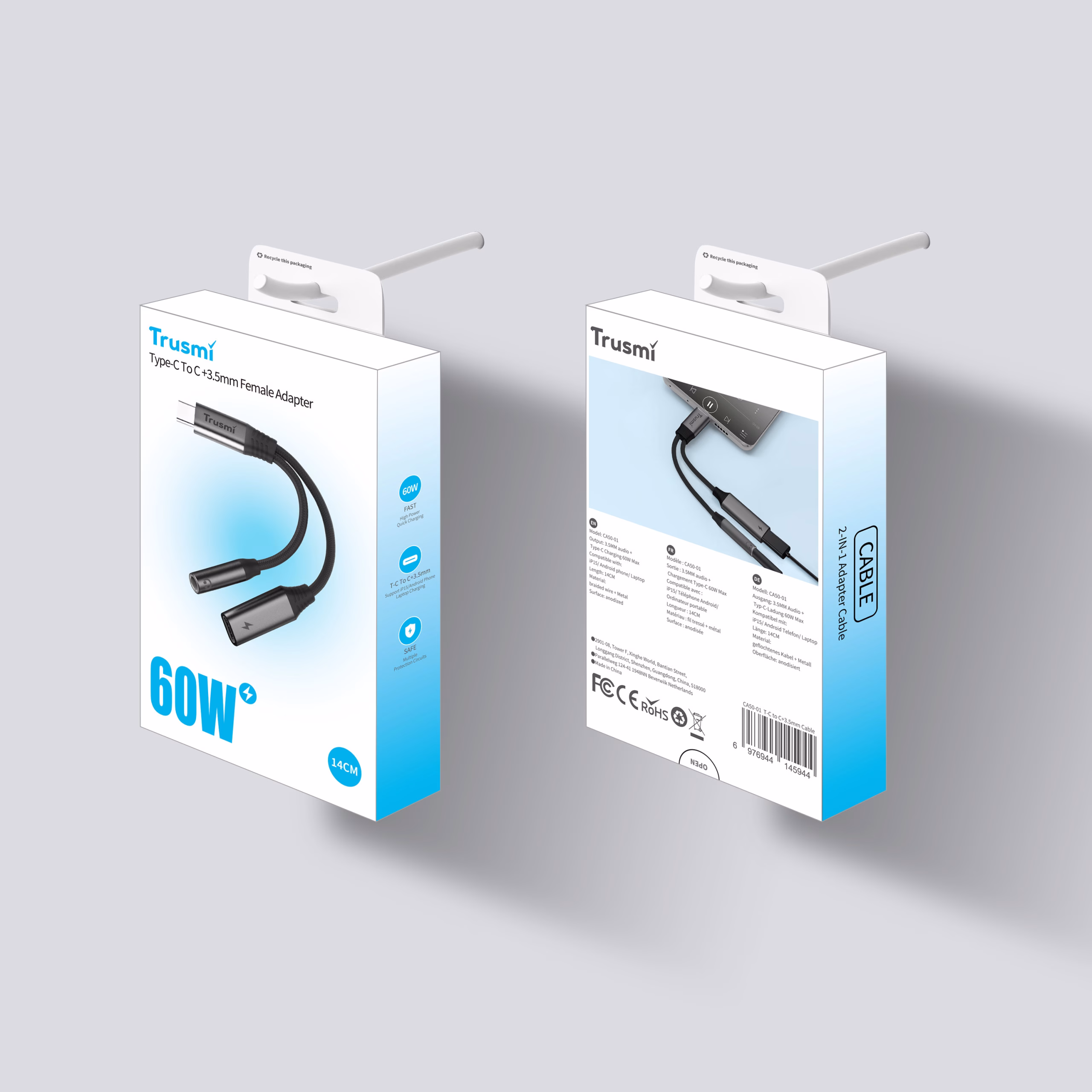 Trusmi 2-in-1 Type-C to C female + 3.5mm four-level audio female adapter cable CA50-01
