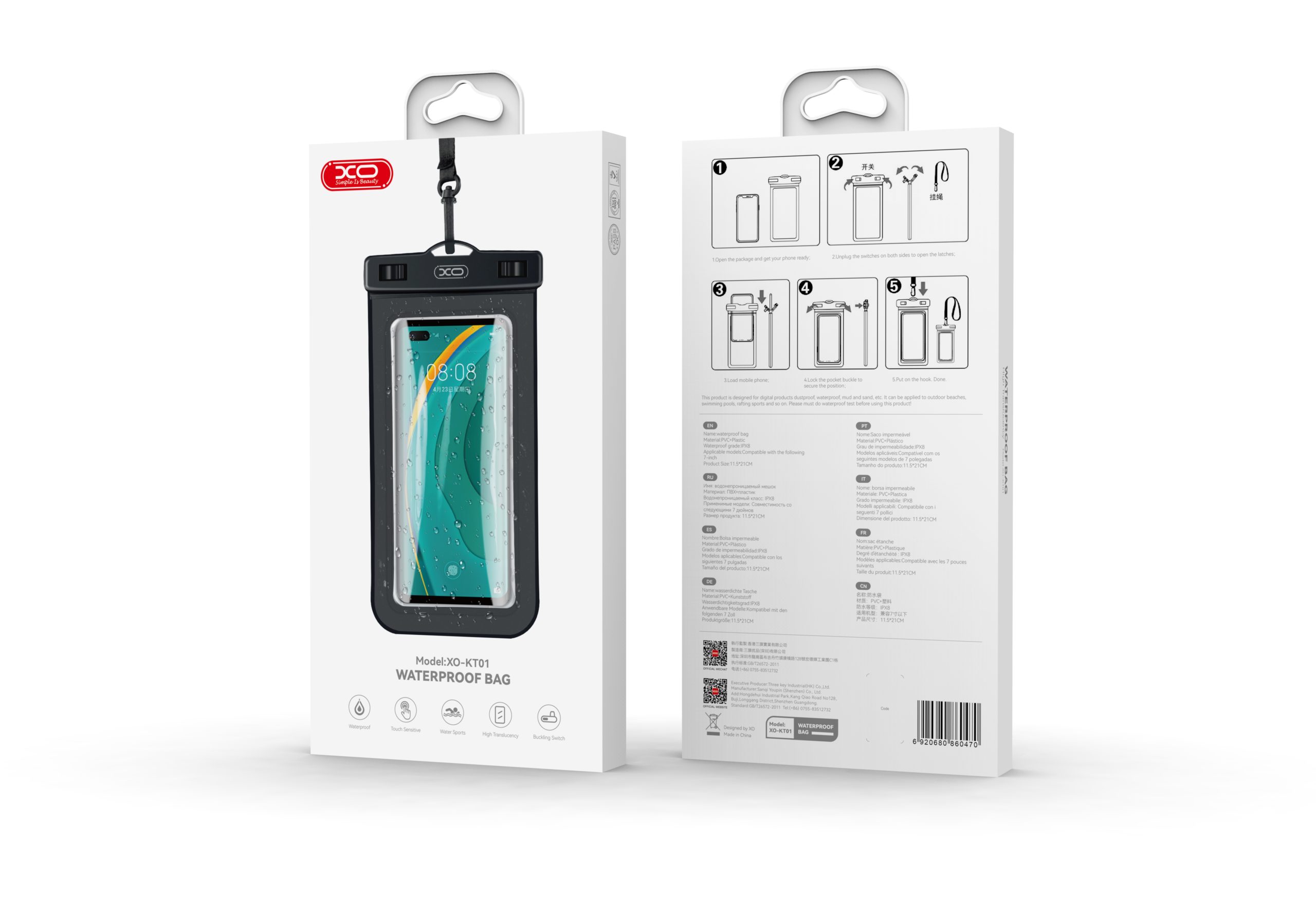 XO KT01 Cell Phone PVC Waterproof Pouch with Lanyard Black