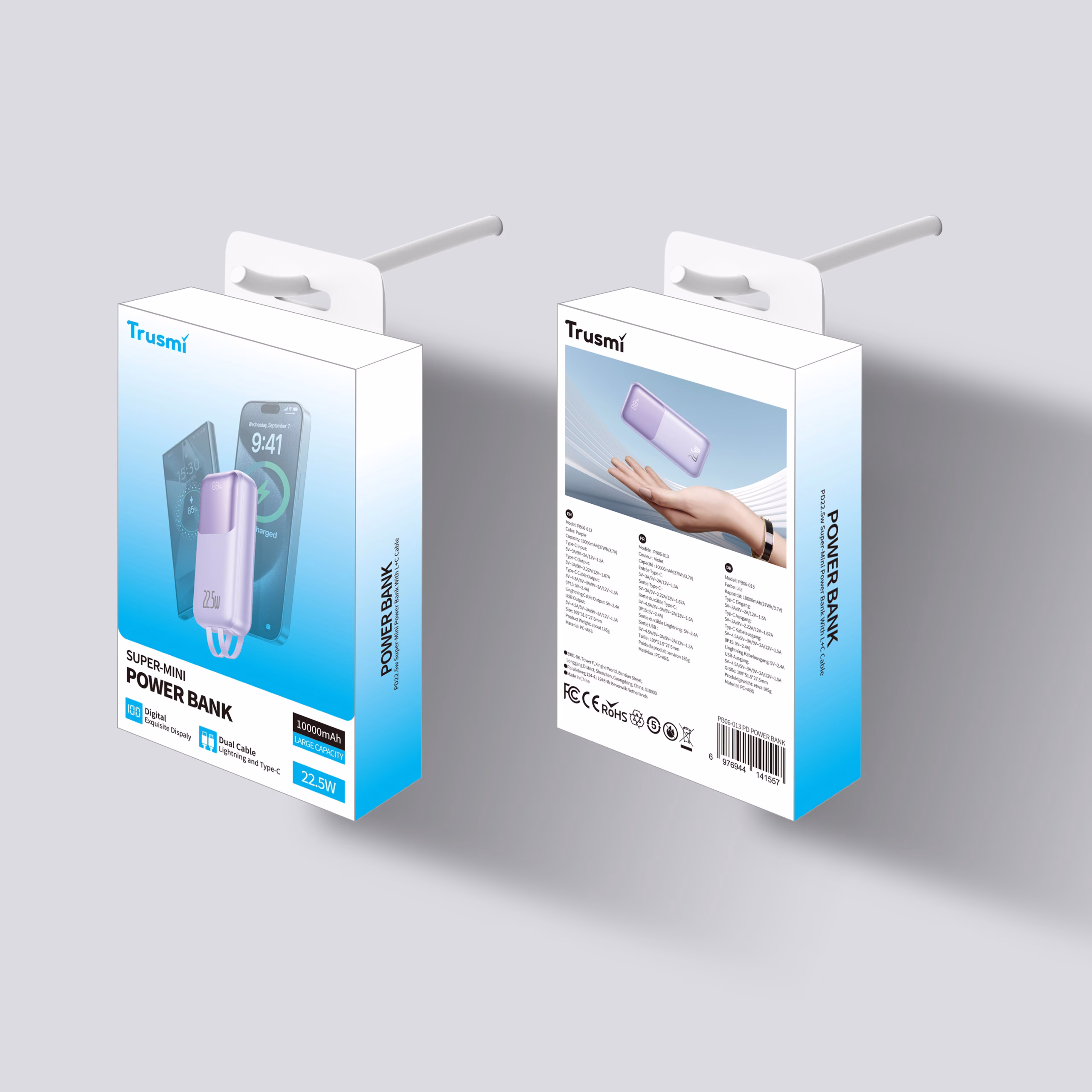 Trusmi Ultra Mini PD22.5W Digital 10000MAH Power Bank with Cables Purple PB06-013