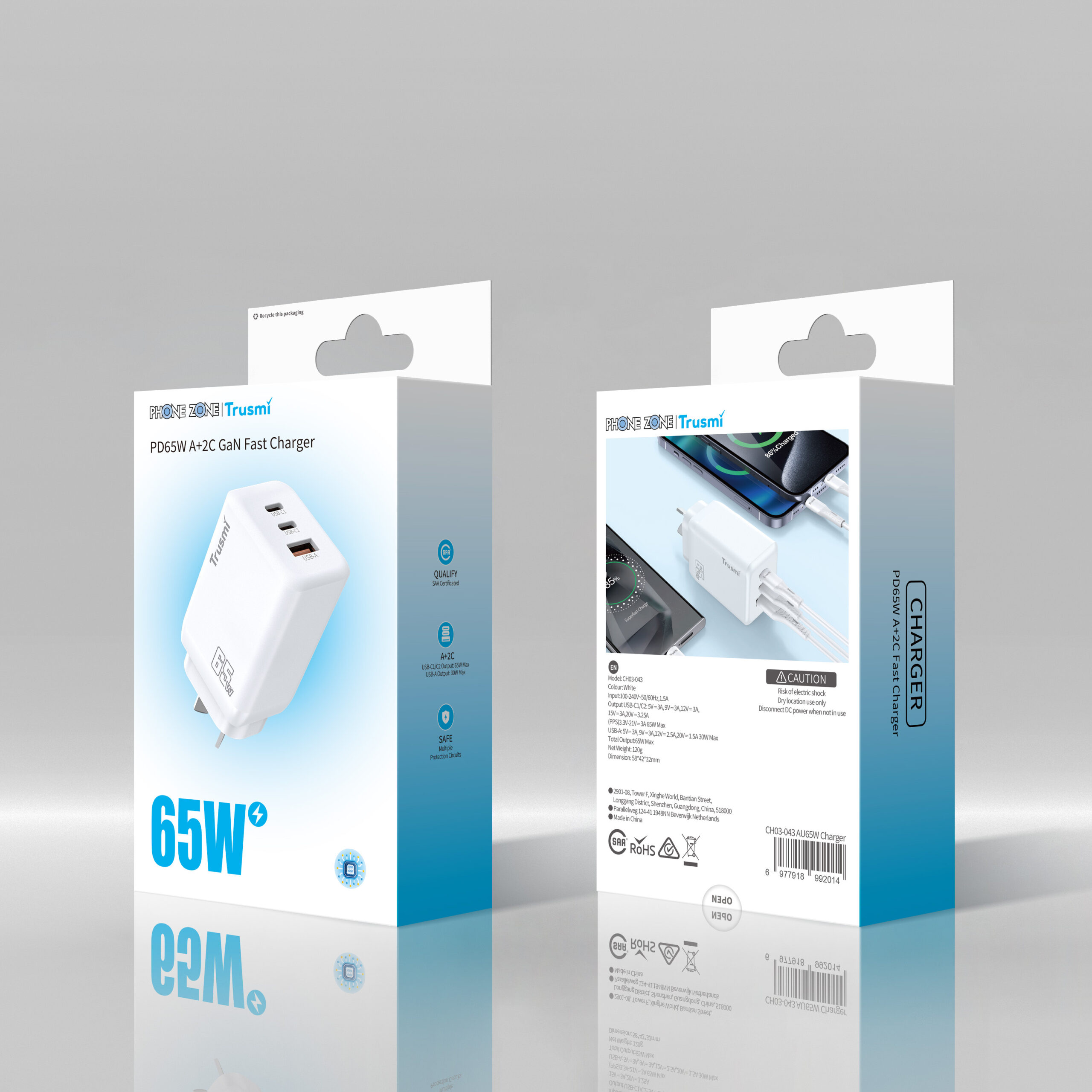 Phone Zone PD 65W Wall Charging Adapter A+C+C GaN AU/NZ