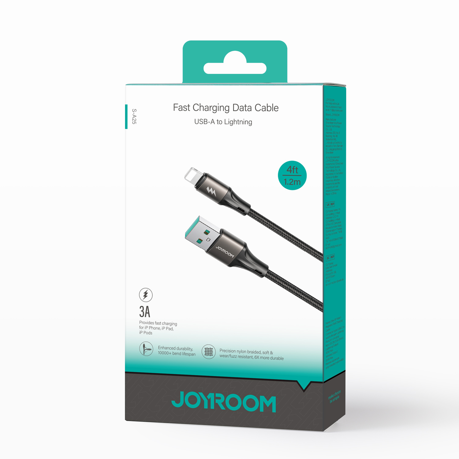 Joyroom USB-A to Lightning 1.2m-Black (Braided) 3A Fast Charging Data Cable S-A25