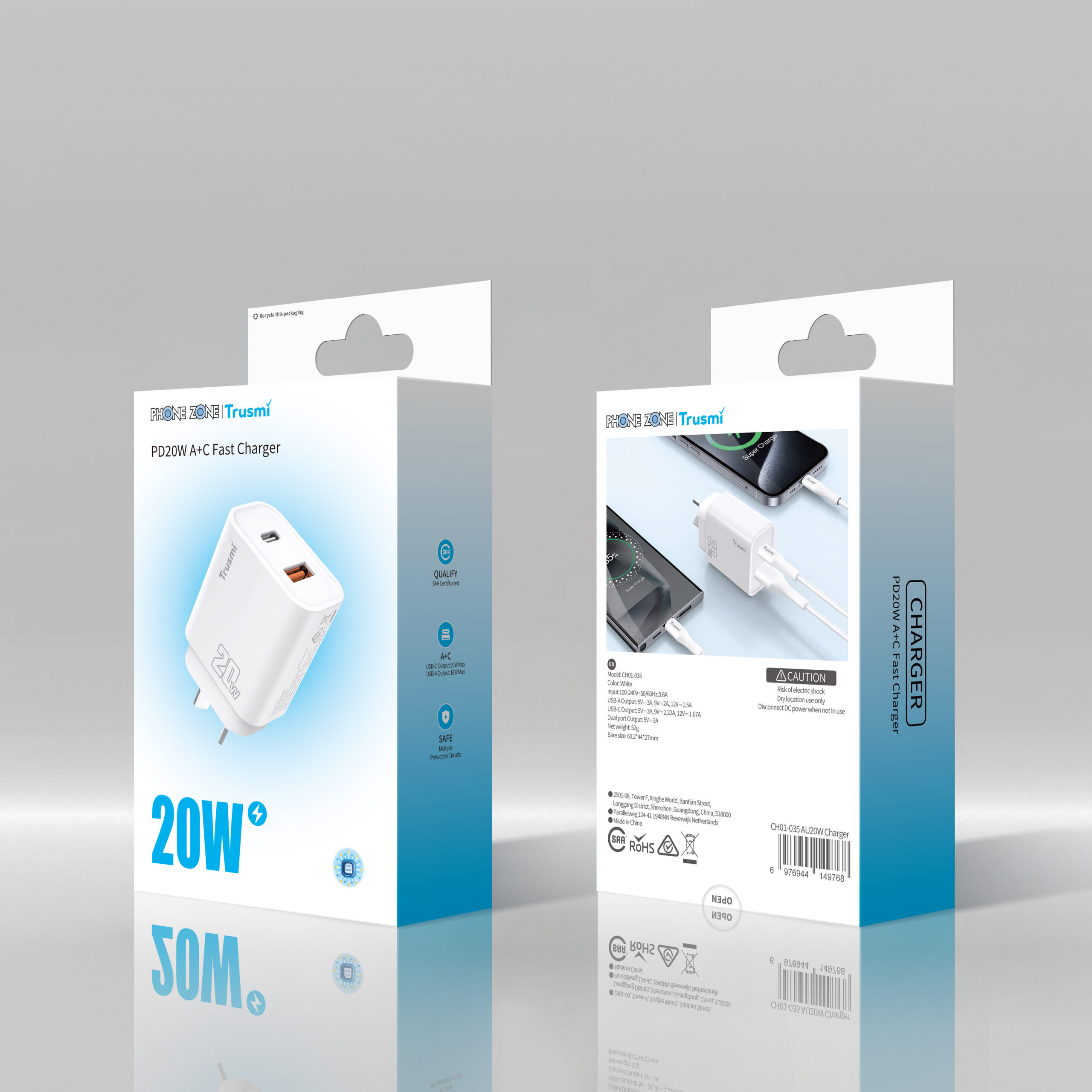 Phone Zone PD 20W Wall Charging Adapter A+C GaN AU/NZ