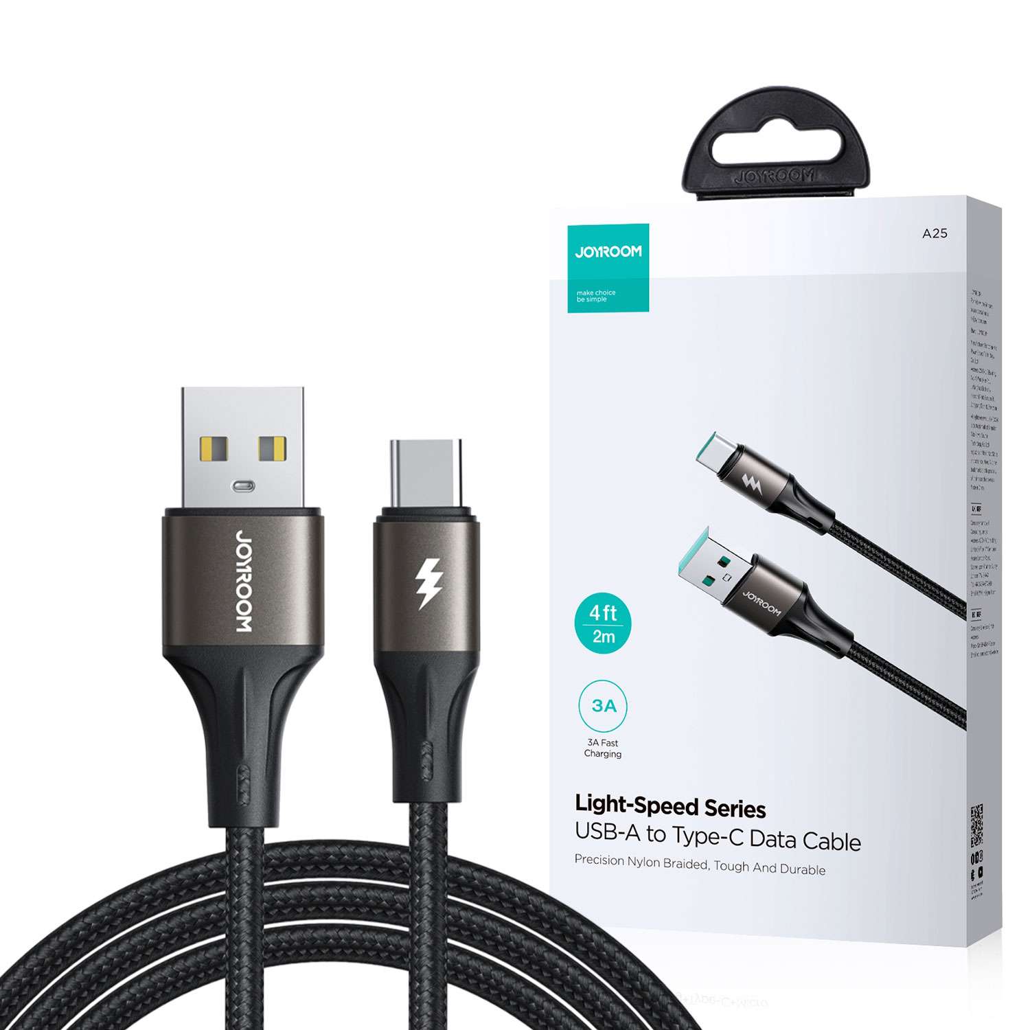 Joyroom USB-A to Type-C 2m-Black (Braided) 3A Fast Charging Data Cable S-A25