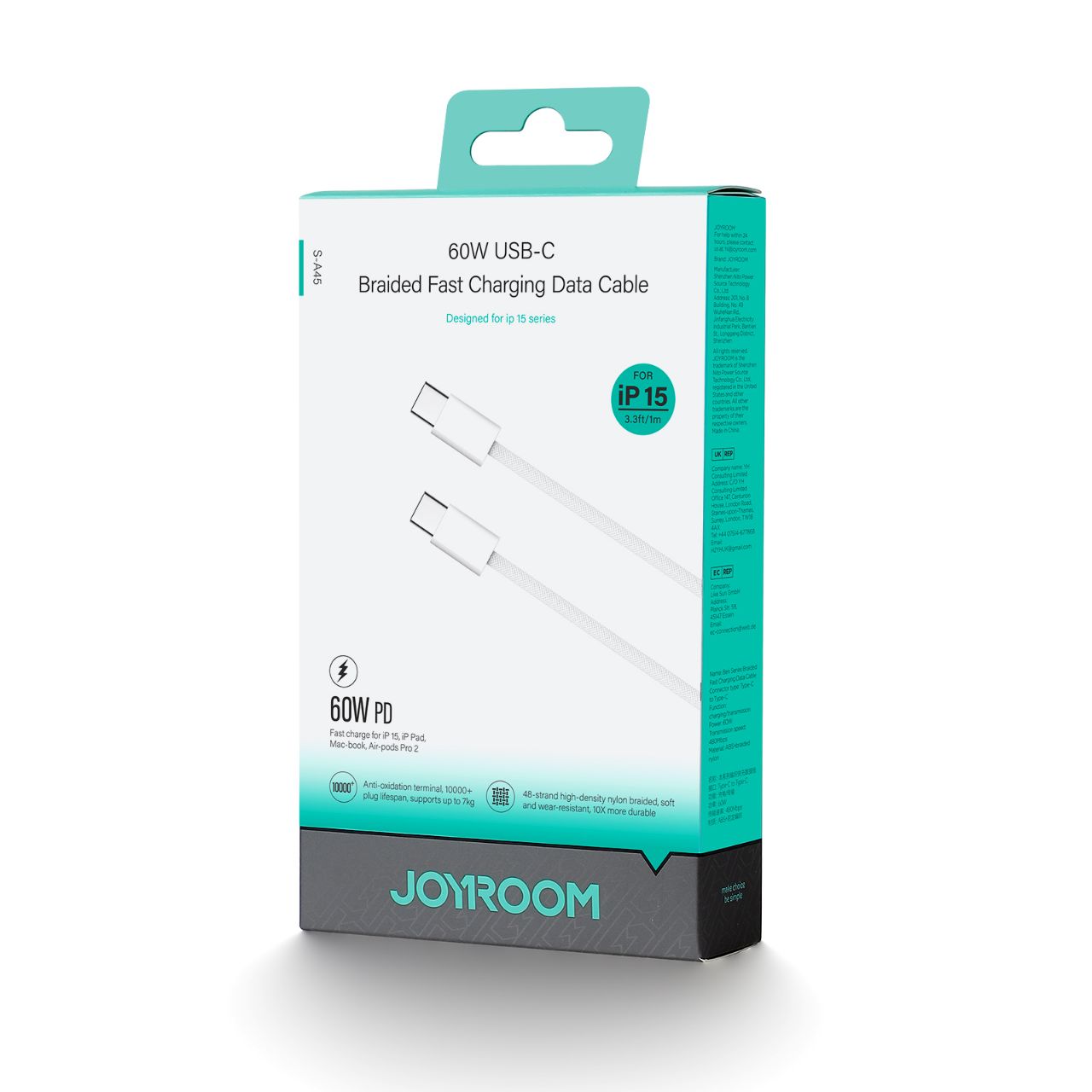 Joyroom S-A45 Ben Series Braided 60W Fast Charging Data Cable (Type-C to Type-C) 1m-White