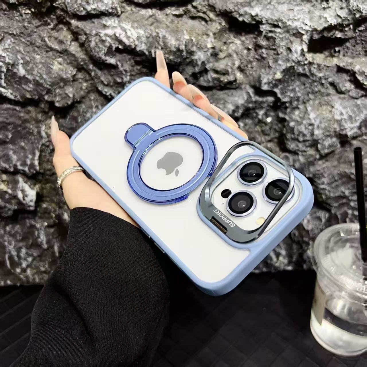 iPhone 16 Blue Magsafe Support Case with Camera Lens Protector & Dual Stand