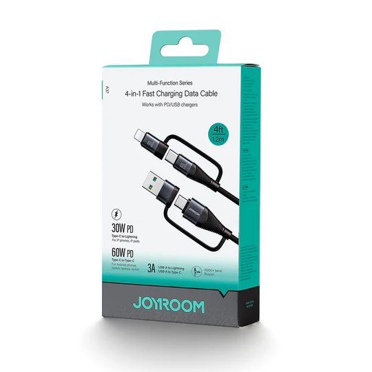 Joyroom 4-in-1 USB-A+Type-C to Lightning+Type-C 1.2m-Black 60W Fast Charging Data Cable SA37-2T2