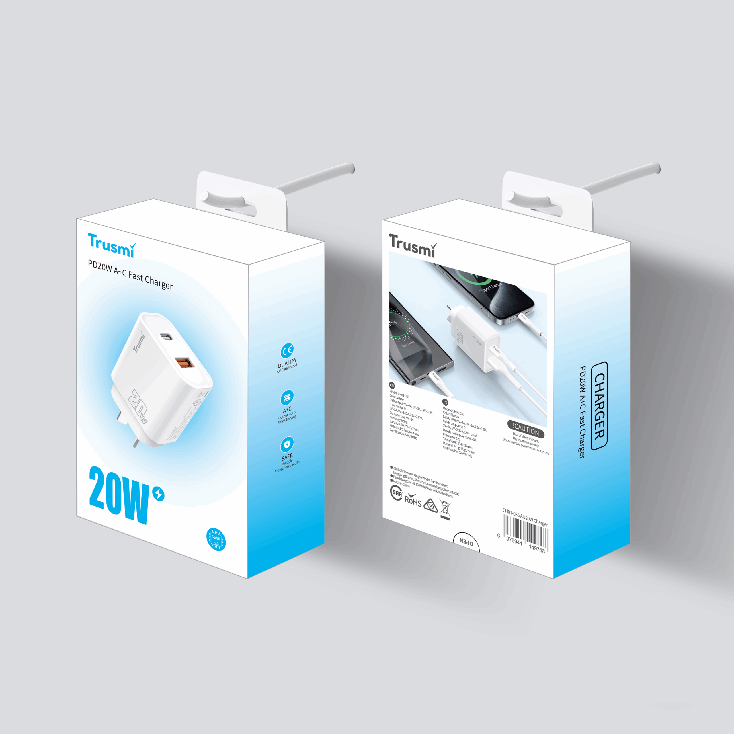 Trusmi PD 20W Wall Charging Adapter A+C GaN AU/NZ CH01-035