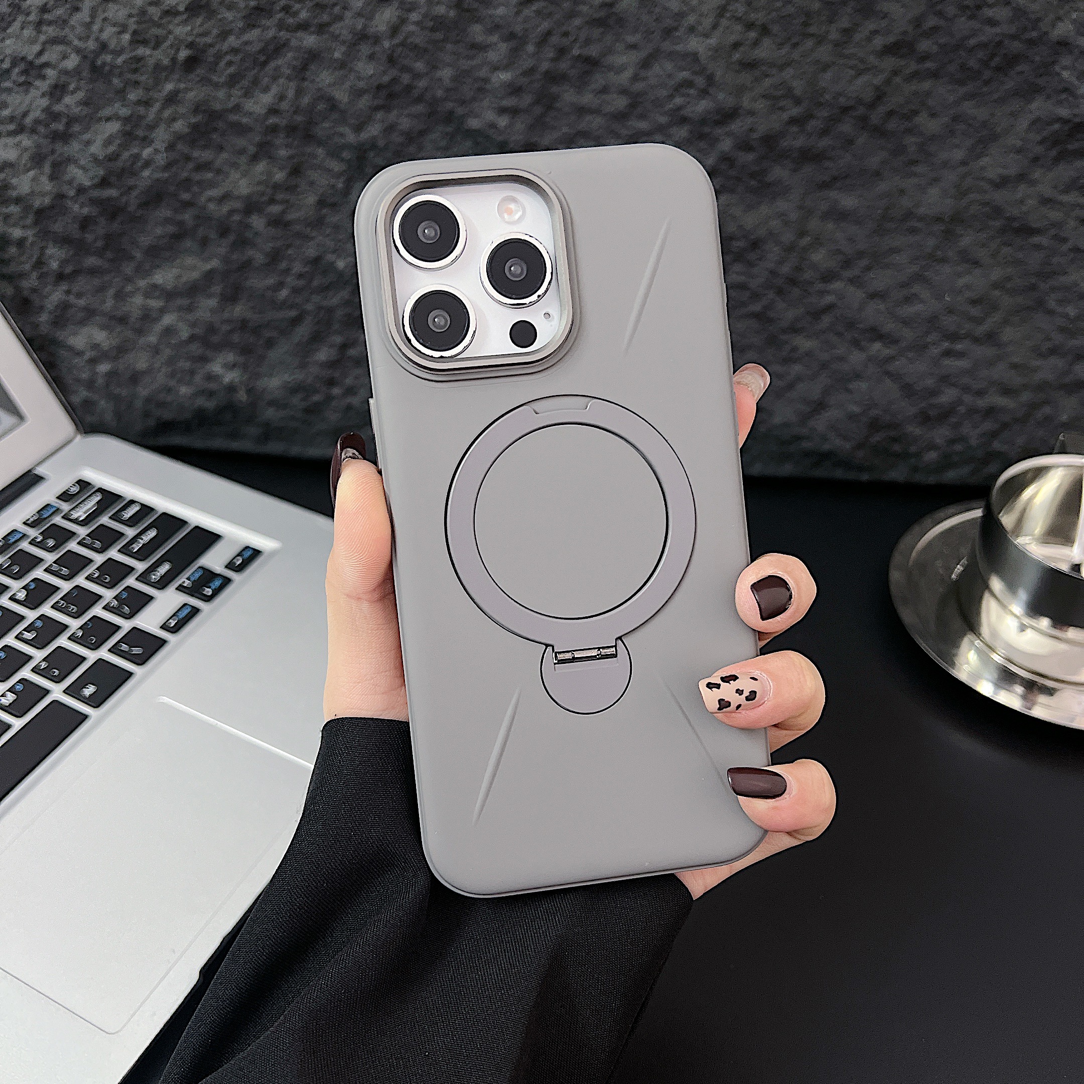iPhone 12 Pro Max Gray Magsafe Premium Silicon Case With Stand
