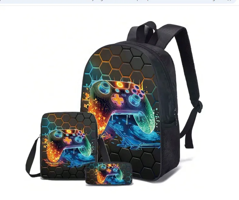 3-Piece Backpack Set, Fun Print/Game Print, Unisex, Crossbody Bag, Pencil Case, Backpack Carousel 3