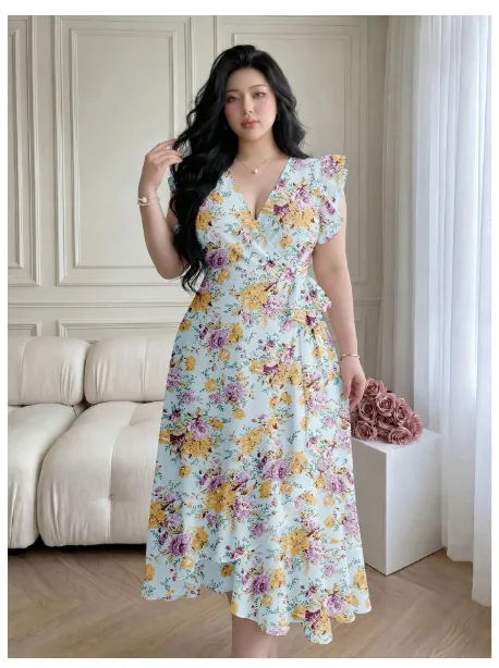  Ruffle Trim Flutter Sleeve Ditsy Floral Waist-Cinching A-Line Woven Dress Carousel 3