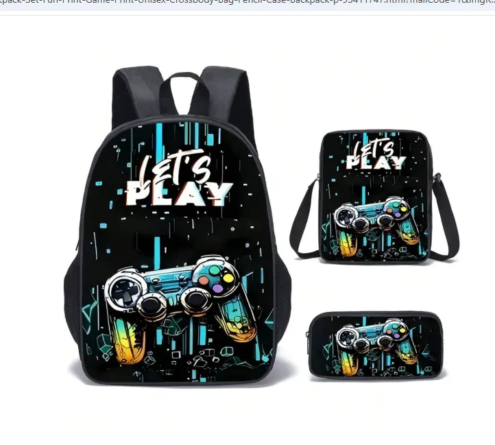 3-Piece Backpack Set, Fun Print/Game Print, Unisex, Crossbody Bag, Pencil Case, Backpack