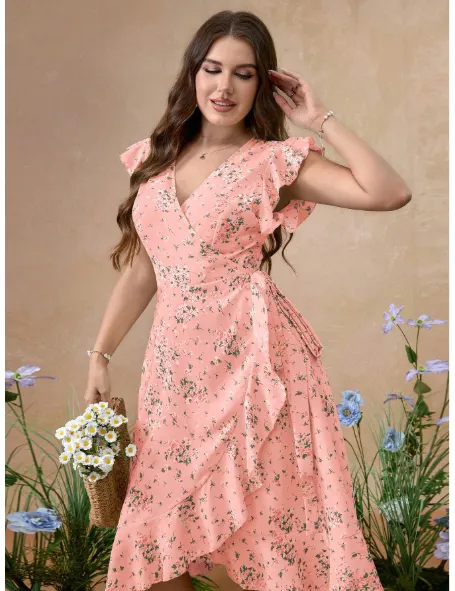 Plus Size Ruffled Ditsy Floral Waist Fit And Flare Woven Dress Carousel 5