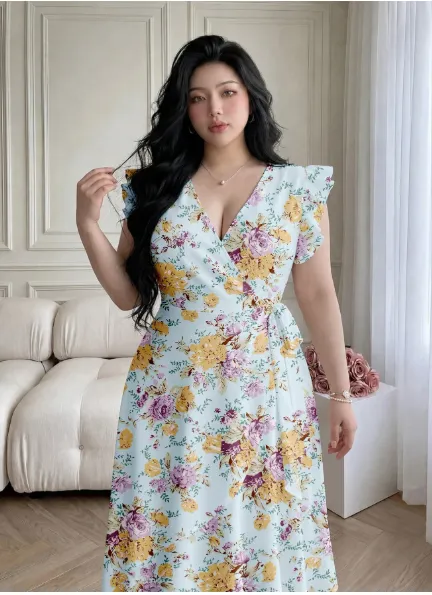  Ruffle Trim Flutter Sleeve Ditsy Floral Waist-Cinching A-Line Woven Dress Carousel 5