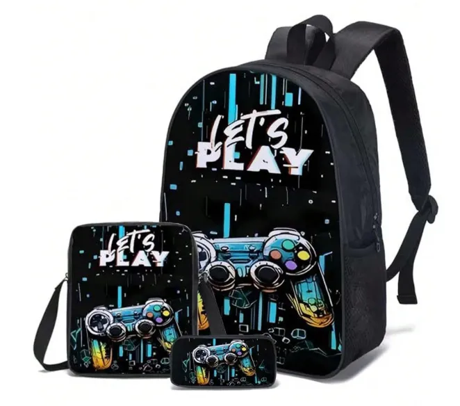 3-Piece Backpack Set, Fun Print/Game Print, Unisex, Crossbody Bag, Pencil Case, Backpack Carousel 2